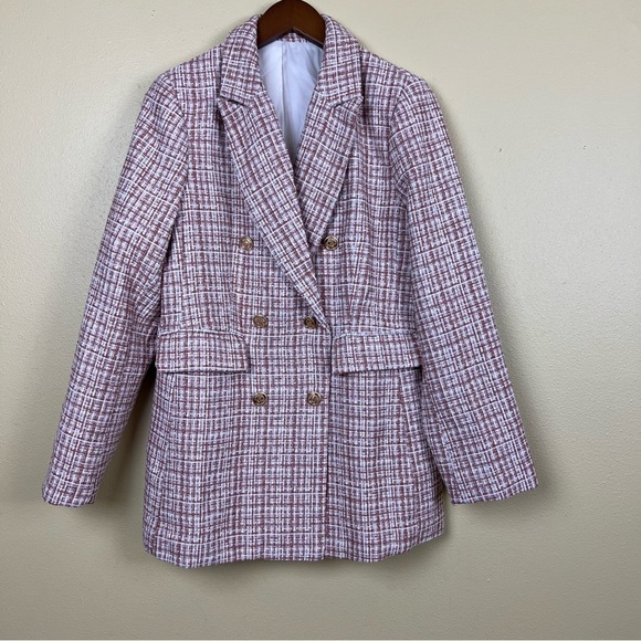 Blazer Plaid Double Breasted Tweed Gold Buttons Red Large - Picture 2 of 7